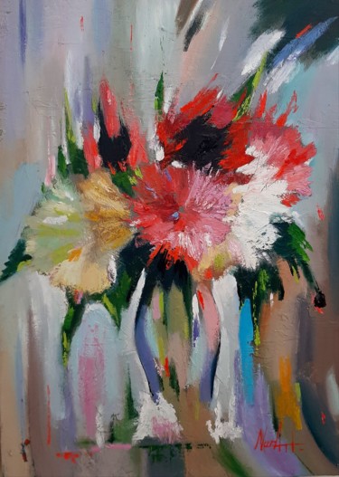 Painting titled "Flowers (40x60cm, o…" by Narek Jaghacpanyan, Original Artwork, Oil Mounted on Wood Stretcher frame