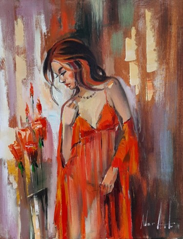 Painting titled "Red dress (40x50cm,…" by Narek Jaghacpanyan, Original Artwork, Oil Mounted on Wood Stretcher frame