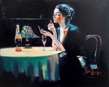 Painting titled "Lady with a lipstic…" by Narek Jaghacpanyan, Original Artwork, Oil Mounted on Wood Stretcher frame
