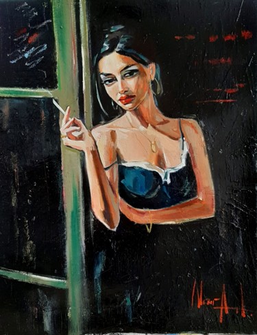 Painting titled "Lady with a cigaret…" by Narek Jaghacpanyan, Original Artwork, Oil Mounted on Wood Stretcher frame