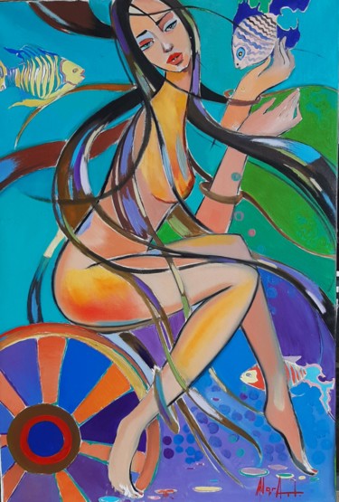 Painting titled "Mermaid (65x95cm, o…" by Narek Jaghacpanyan, Original Artwork, Oil Mounted on Wood Stretcher frame