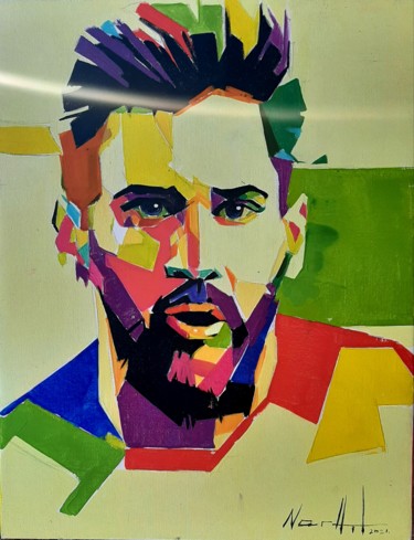 Painting titled "Messi (35x45cm, oil…" by Narek Jaghacpanyan, Original Artwork, Oil Mounted on Wood Stretcher frame