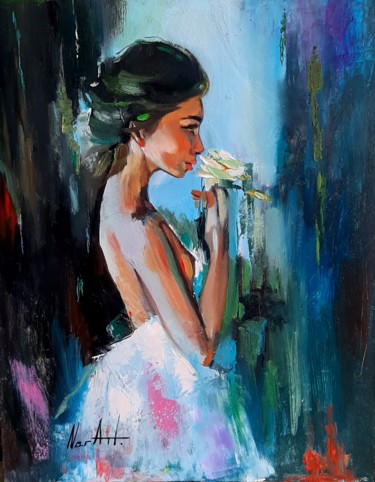 Painting titled "Lady with a flower…" by Narek Jaghacpanyan, Original Artwork, Oil Mounted on Wood Stretcher frame