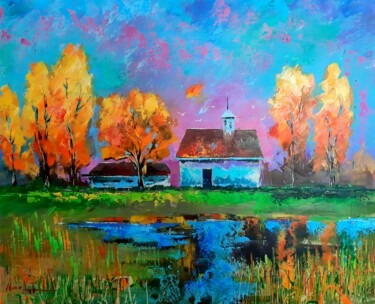 Painting titled "Autumn landscape (3…" by Narek Jaghacpanyan, Original Artwork, Oil Mounted on Wood Stretcher frame