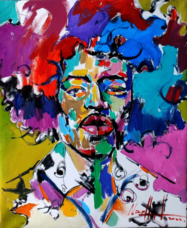 Painting titled "Jimi Hendrix (50x60…" by Narek Jaghacpanyan, Original Artwork, Oil Mounted on Wood Stretcher frame
