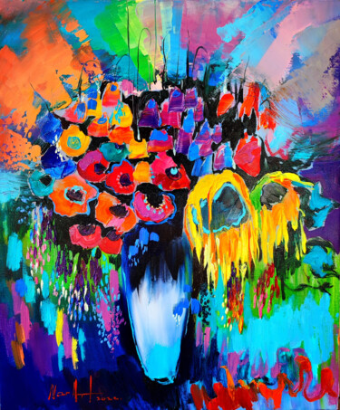 Painting titled "Colorful poppies (5…" by Narek Jaghacpanyan, Original Artwork, Oil Mounted on Wood Stretcher frame