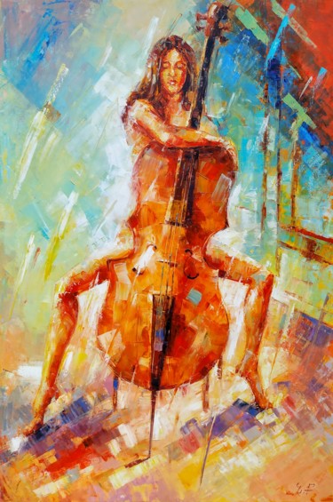 Painting titled "Girl with cello 60x…" by Narek, Original Artwork, Oil Mounted on Wood Stretcher frame