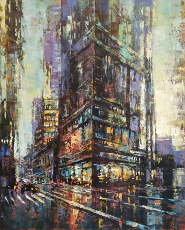 Painting titled "Cityscape - New Yor…" by Narek, Original Artwork, Oil Mounted on Wood Stretcher frame