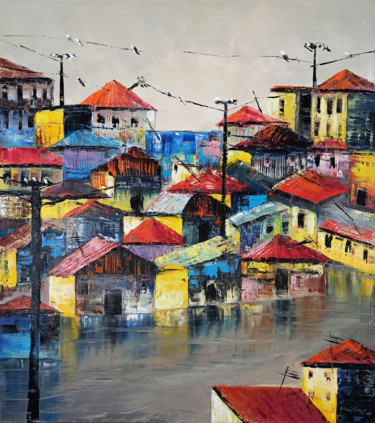 Painting titled "Colorful roofs (60x…" by Narek, Original Artwork, Oil Mounted on Wood Stretcher frame