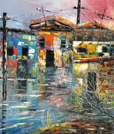 Painting titled "Colorful houses (60…" by Narek, Original Artwork, Oil Mounted on Wood Stretcher frame