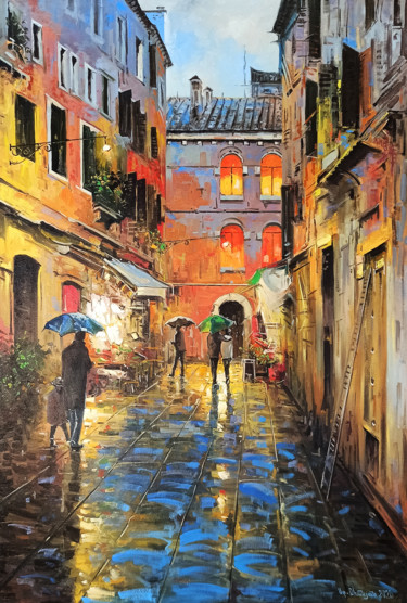 Painting titled "Colors of the city…" by Narek, Original Artwork, Oil Mounted on Wood Stretcher frame