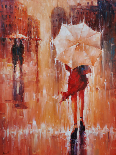 Painting titled "Walking in the rain…" by Narek, Original Artwork, Oil Mounted on Wood Stretcher frame