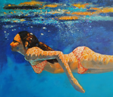 Painting titled "In the pool 70x80cm…" by Narek, Original Artwork, Oil Mounted on Wood Stretcher frame