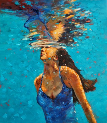 Painting titled "In the pool 80x70cm…" by Narek, Original Artwork, Oil Mounted on Wood Stretcher frame