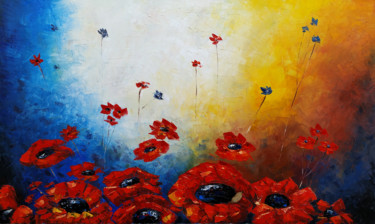 Painting titled "Red flowers (100x60…" by Narek, Original Artwork, Oil Mounted on Wood Stretcher frame