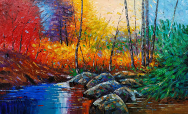 Painting titled "Colorful landscape…" by Narek, Original Artwork, Oil Mounted on Wood Stretcher frame