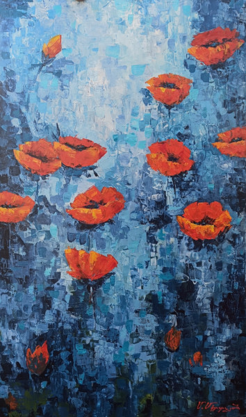 Painting titled "Red poppies (100x60…" by Narek, Original Artwork, Oil Mounted on Wood Stretcher frame
