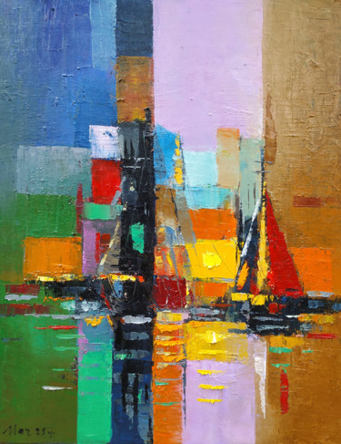 Painting titled "Port-1 (35x45cm, oi…" by Narek, Original Artwork, Oil Mounted on Wood Stretcher frame