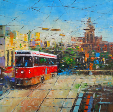Painting titled "Red tram-1 (60x60cm…" by Narek, Original Artwork, Oil Mounted on Wood Stretcher frame