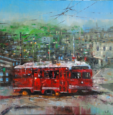Painting titled "Red tram-2 (60x60cm…" by Narek, Original Artwork, Oil Mounted on Wood Stretcher frame