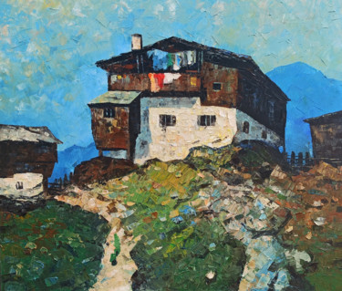 Painting titled "House on the rock (…" by Narek, Original Artwork, Oil Mounted on Wood Stretcher frame