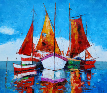Painting titled "Boats-2 (70x80cm, o…" by Narek, Original Artwork, Oil Mounted on Wood Stretcher frame