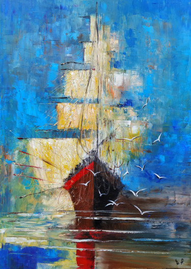 Painting titled "Boat-2 (50x70cm, oi…" by Narek, Original Artwork, Oil Mounted on Wood Stretcher frame
