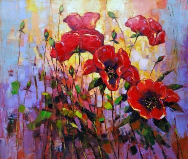 Painting titled "Red poppies (60x70c…" by Narek, Original Artwork, Oil Mounted on Wood Stretcher frame