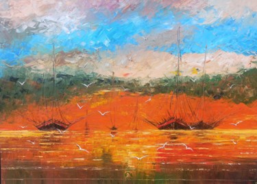 Painting titled "Red seascape (60x80…" by Narek, Original Artwork, Oil Mounted on Wood Stretcher frame