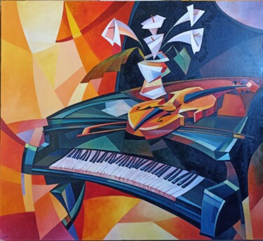 Painting titled "Musical mood (100x1…" by Narek, Original Artwork, Oil Mounted on Wood Stretcher frame