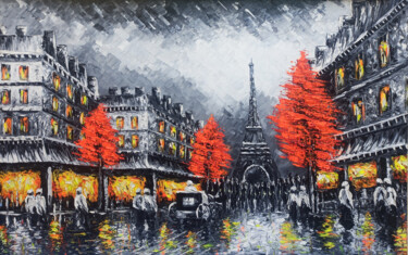 Painting titled "Cityscape-Old Paris…" by Narek, Original Artwork, Oil Mounted on Wood Stretcher frame