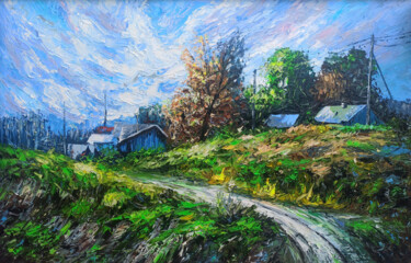 Painting titled "Spring in village (…" by Narek, Original Artwork, Oil Mounted on Wood Stretcher frame