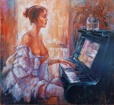 Painting titled "Piano player (100x1…" by Narek, Original Artwork, Oil Mounted on Wood Stretcher frame