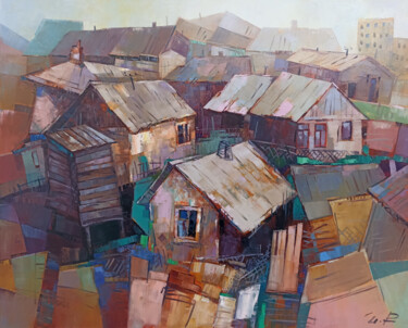 Painting titled "Intersecting Eaves" by Narek, Original Artwork, Oil Mounted on Wood Stretcher frame