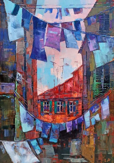 Painting titled "Laundry (50x70cm, o…" by Narek, Original Artwork, Oil Mounted on Wood Stretcher frame