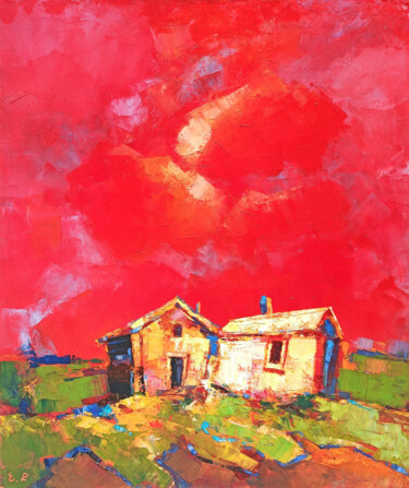 Painting titled "Red sky (60x50cm, o…" by Narek, Original Artwork, Oil Mounted on Wood Stretcher frame