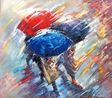 Painting titled "Colorful umbrellas…" by Narek, Original Artwork, Oil Mounted on Wood Stretcher frame