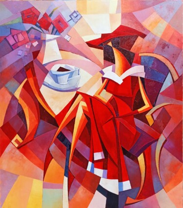 Painting titled "Girl in the cafe (7…" by Narek, Original Artwork, Oil Mounted on Wood Stretcher frame