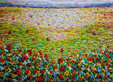 Painting titled "Field of poppies (1…" by Narek, Original Artwork, Oil Mounted on Wood Stretcher frame