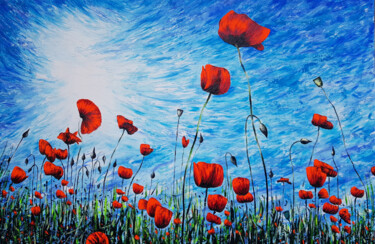 Painting titled "Field of poppies (1…" by Narek, Original Artwork, Oil Mounted on Wood Stretcher frame
