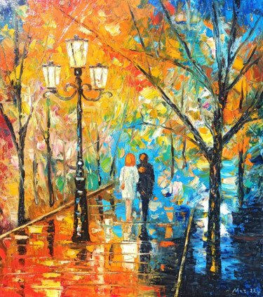 Painting titled "Autumn walking (60x…" by Narek, Original Artwork, Oil Mounted on Wood Stretcher frame