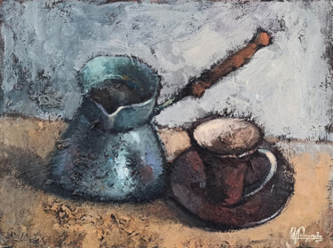 Painting titled "Still life - coffee…" by Narek, Original Artwork, Oil Mounted on Wood Stretcher frame