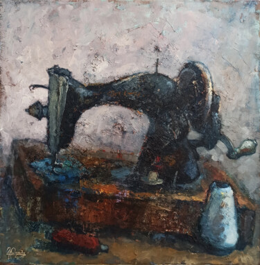 Painting titled "Still life - sewing…" by Narek, Original Artwork, Oil Mounted on Wood Stretcher frame