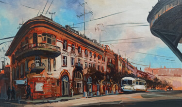 Painting titled "Cityscape - Yerevan…" by Narek, Original Artwork, Oil Mounted on Wood Stretcher frame