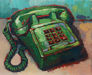Painting titled "Retro - old telepho…" by Narek, Original Artwork, Oil Mounted on Wood Stretcher frame