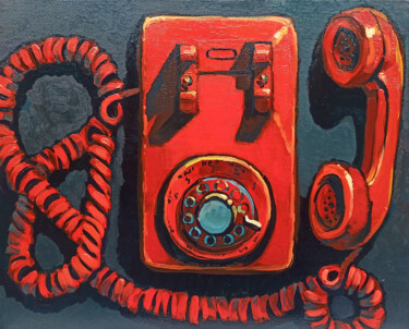 Painting titled "Retro - old red tel…" by Narek, Original Artwork, Oil Mounted on Wood Stretcher frame