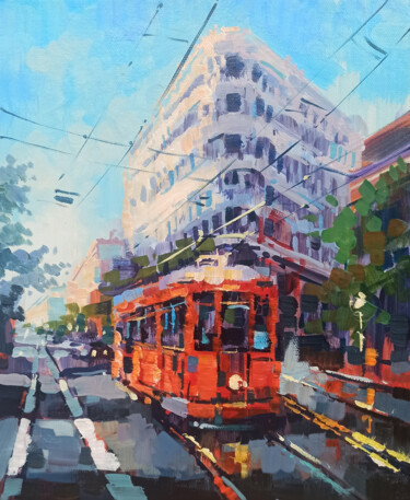Painting titled "Red tram (24x30cm,…" by Narek, Original Artwork, Oil Mounted on Wood Stretcher frame