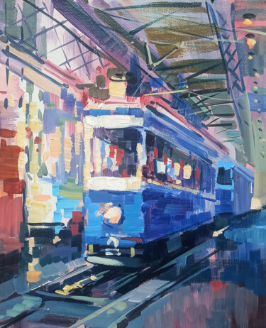 Painting titled "Blue tram (24x30cm,…" by Narek, Original Artwork, Oil Mounted on Wood Stretcher frame