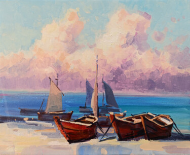 Painting titled "Boats (24X30cm, oil…" by Narek, Original Artwork, Oil Mounted on Wood Stretcher frame