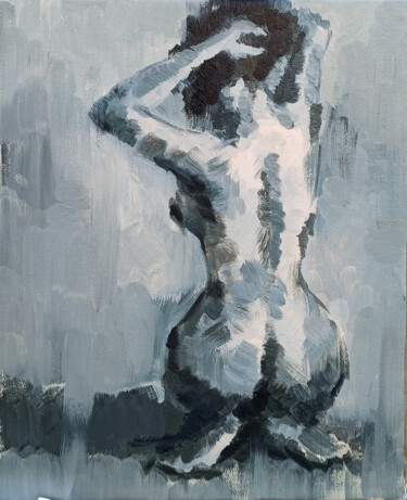 Malarstwo zatytułowany „Nude figure in blac…” autorstwa Narek, Oryginalna praca, Olej Zamontowany na Drewniana rama noszy